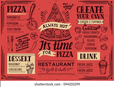 Pizza food menu for restaurant and cafe. Design template with hand-drawn graphic elements in doodle style.