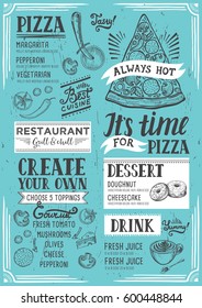 Pizza food menu for restaurant and cafe. Design template with hand-drawn graphic elements in doodle style.