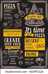 Pizza food menu for restaurant and cafe. Design template with hand-drawn graphic elements in doodle style.