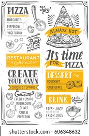 Pizza food menu for restaurant and cafe. Design template with hand-drawn graphic elements in doodle style.