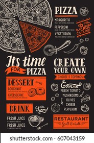 Pizza food menu for restaurant and cafe. Design template with hand-drawn graphic elements in doodle style.