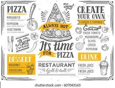 Pizza Food Menu For Restaurant And Cafe. Design Template With Hand-drawn Graphic Elements In Doodle Style.