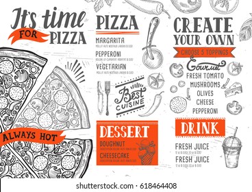 Pizza food menu for restaurant and cafe. Design template with hand-drawn graphic elements in doodle style.