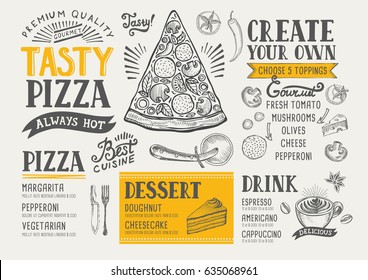 Pizza food menu for restaurant and cafe. Design template with hand-drawn graphic elements in doodle style.