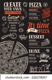 Pizza food menu for restaurant and cafe. Design template with hand-drawn graphic elements in doodle style.