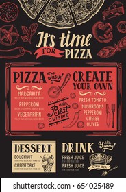 Pizza food menu for restaurant and cafe. Design template with hand-drawn graphic elements in doodle style.