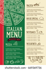 Pizza food menu for restaurant and cafe. Design template with hand-drawn graphic elements in doodle style.
