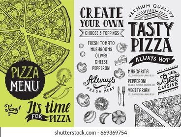 Pizza food menu for restaurant and cafe. Design template with hand-drawn graphic elements in doodle style.