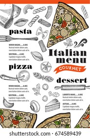 Pizza food menu for restaurant and cafe. Design template with hand-drawn graphic elements in doodle style.
