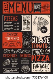 Pizza Food Menu For Restaurant And Cafe. Design Template With Hand-drawn Graphic Illustrations.