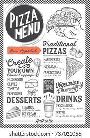 Pizza food menu for restaurant and cafe. Design template with hand-drawn graphic illustrations.