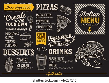 Pizza food menu for restaurant and cafe. Design template with hand-drawn graphic illustrations.