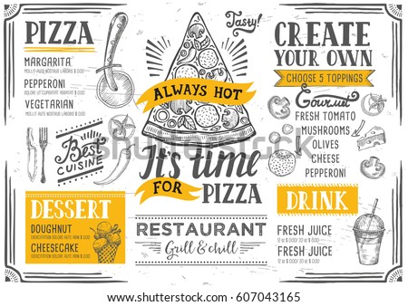 Pizza food menu for restaurant and cafe. Design template with hand-drawn graphic elements in doodle style.