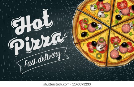 Pizza food menu for restaurant. Illustration template on the black chalkboard (drawn vintage elements)