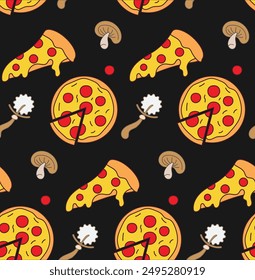 pizza food seamless pattern black flat design isolated background