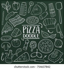Pizza Food Traditional Doodle Icons Sketch Hand Made Design Vector Chalkboard.