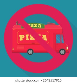 Pizza food truck with a circular red strikethrough prohibition symbol on a blue background with long shadow in flat design style