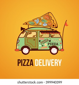 Pizza food truck city car. Food delivery car. Vector illustration