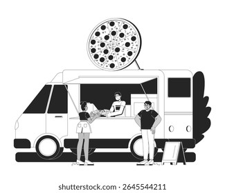 Pizza food truck com personagens da linha 2D dos clientes. Cliente feminino recebendo fatia de pepperoni de fornecedor de pizzaria móvel isolado vetor tinta contorno pessoas. Ilustração de ponto monocromático