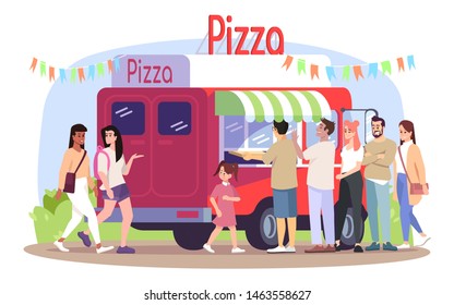 Pizza food truck flat vector illustration. Ready takeaway meal vehicle, buyers. Italian cuisine restaurant on wheels. Pizzeria visitors, walking people isolated cartoon characters on white background