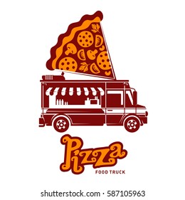 Pizza food truck logo vector illustration. Vintage style badges and labels design concept for food delivery service vehicles. Two tone logo templates for your design. Isolated on a white background