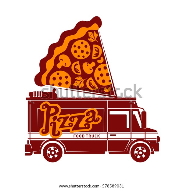 Pizza food truck logo vector illustration.\
Vintage style badges and labels design concept for food delivery\
service vehicles. Two tone logo templates for your design. Isolated\
on a white background
