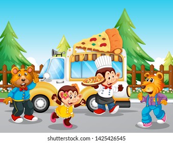 Pizza food truck at the park illustration