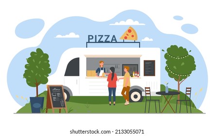 Pizza food truck and people vector illustration. Cartoon cafe van with vendor on street market or festival in summer city park, mobile streetfood stall and hipsters eating hot fastfood snacks on lunch