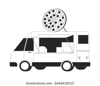 Pizza food truck com pepperoni signboard 2D line object. pizzaria móvel com peperoni. Cozinha italiana. Item de contorno de tinta de vetor clipart isolado de veículo de alimentação de rua. Ilustração de ponto monocromático