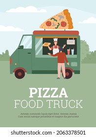 Pizza food truck poster invitation template, flat vector illustration. Happy man in apron sells takeaway fast food at summer outdoor festival. Cute van with pizza slice in the park.