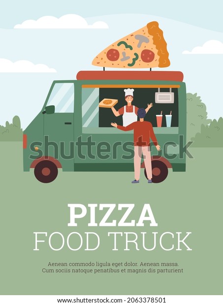 Pizza\
food truck poster invitation template, flat vector illustration.\
Happy man in apron sells takeaway fast food at summer outdoor\
festival. Cute van with pizza slice in the\
park.