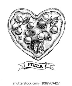 Pizza in the form of a heart. Italian cuisine. Ink hand drawn Vector illustration. Top view. Food element for menu design.