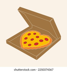 Pizza in the form of a heart in open cardboard delivery box. Vector illustration isolated on white
