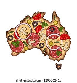Pizza in the form of a map of Australia. Cartoon  vector pizza. Map of Australia the form of pizza.