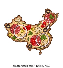 Pizza in the form of a map of China. Cartoon  vector pizza. Map of China the form of pizza.