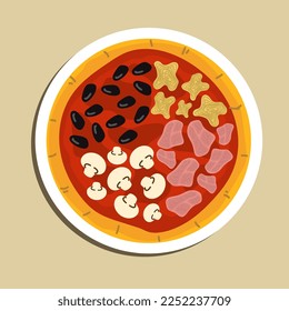 Pizza "Four Seasons" with Mozzarella cheese, ham, tomato sauce, salami, bacon, mushroom, pepper, Spices and Fresh basil. Italian pizza on white plate