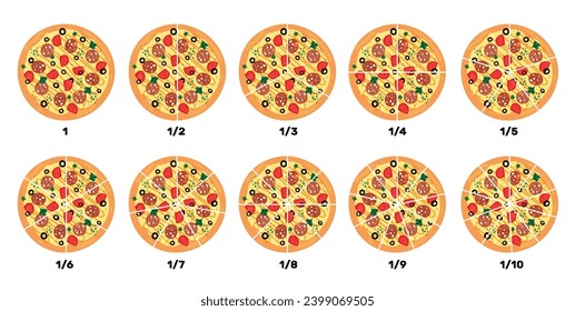 Pizza with fractions. Food pieces. Mathematical calculations. Meal rate. Children education. Whole pepperoni. Baking slice diagram. Italian cuisine. Pizzeria restaurant