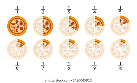 Pizza fractions. Simple math explanation. Parts of a whole. Pizza slices. Whole, half, third, quarter, fifth, sixth, seventh, eighth, ninth, tenth. Fun mathematics. Vector illustration. 