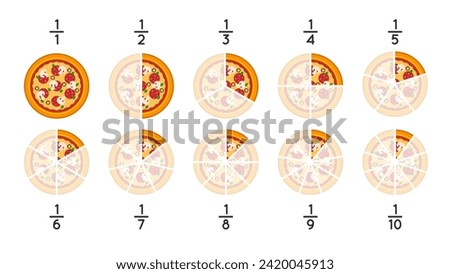 Pizza fractions. Simple math explanation. Parts of a whole. Pizza slices. Whole, half, third, quarter, fifth, sixth, seventh, eighth, ninth, tenth. Fun mathematics. Vector illustration. 