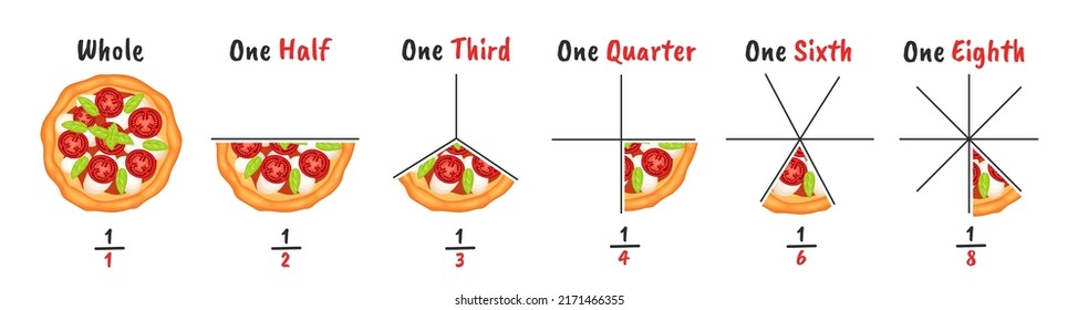 Pizza fractions. Slicing examples, visual explanation of fraction and infographic chart diagram vector Illustration set of infographic pizza section, ring cycle schedule