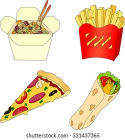 Pizza, french fries, chinese noodles in a box and shawarma. Fast food. Vector illustration