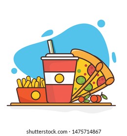 pizza, French fries, soda drinks, fast food logos, cafes and restaurant menus. flat logo cartoon design, for promotional needs such as logos, banners, landing pages, packaging, stickers, business car