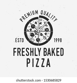 Pizza - Freshly baked pizza logo. Pizza cafe logo, label, poster. Vintage poster. Print for T-shirt, typography. Vector illustration