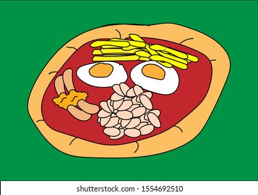 Pizza with fried eggs, potatoes, sausages, beans on green background.