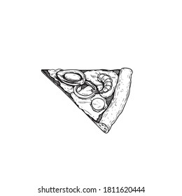 Pizza Frutti Di Mare piece. Top view. Hand drawn sketch style seafood pizza drawing. Traditional Italian fast food. Best for menu designs and packages. Vector illustration.