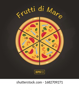 Pizza Frutti di Mare Vector Illustration. Vector Seafood Pizza Anchovy Shrimp Tomato Olive 