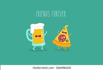 Pizza, funny pizza, beer, funny beer, pinta beer. Funny food, cut image, vector illustration. Use for postcards, posters, stickers, magnets.