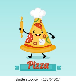 Pizza funny cartoon character. Vector illustration