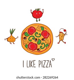 Pizza and funny vegetables. Hand drawn elements for your design. Sign, symbol for pizzeria. Vector.