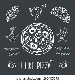 Pizza and funny vegetables. Pictures drawn in chalk on a blackboard. Sketch, doodles.  Hand drawn elements for your design. Menu for pizzeria. Vector.